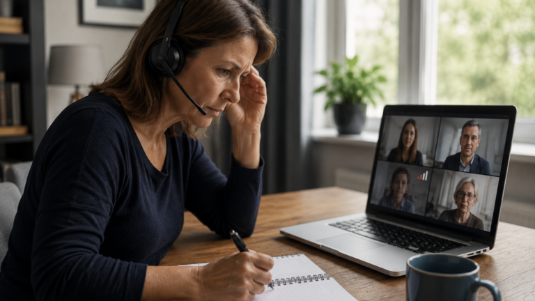 Minute taker wearing a headset and taking notes during a video call with a poor connection.
