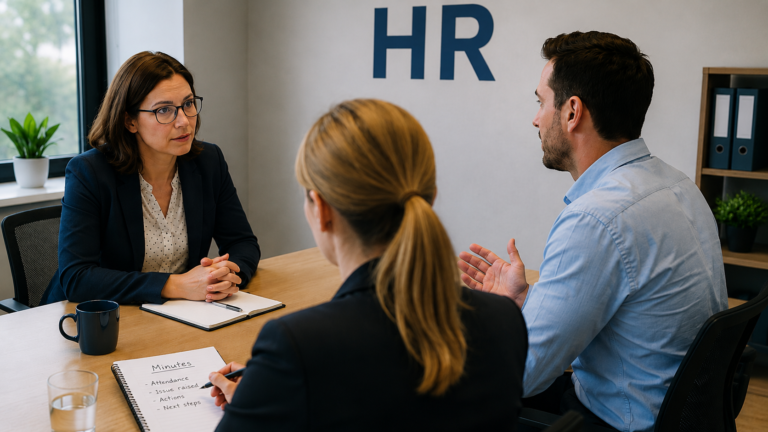 Minute taker recording notes during a sensitive HR meeting between an employee and HR representative.